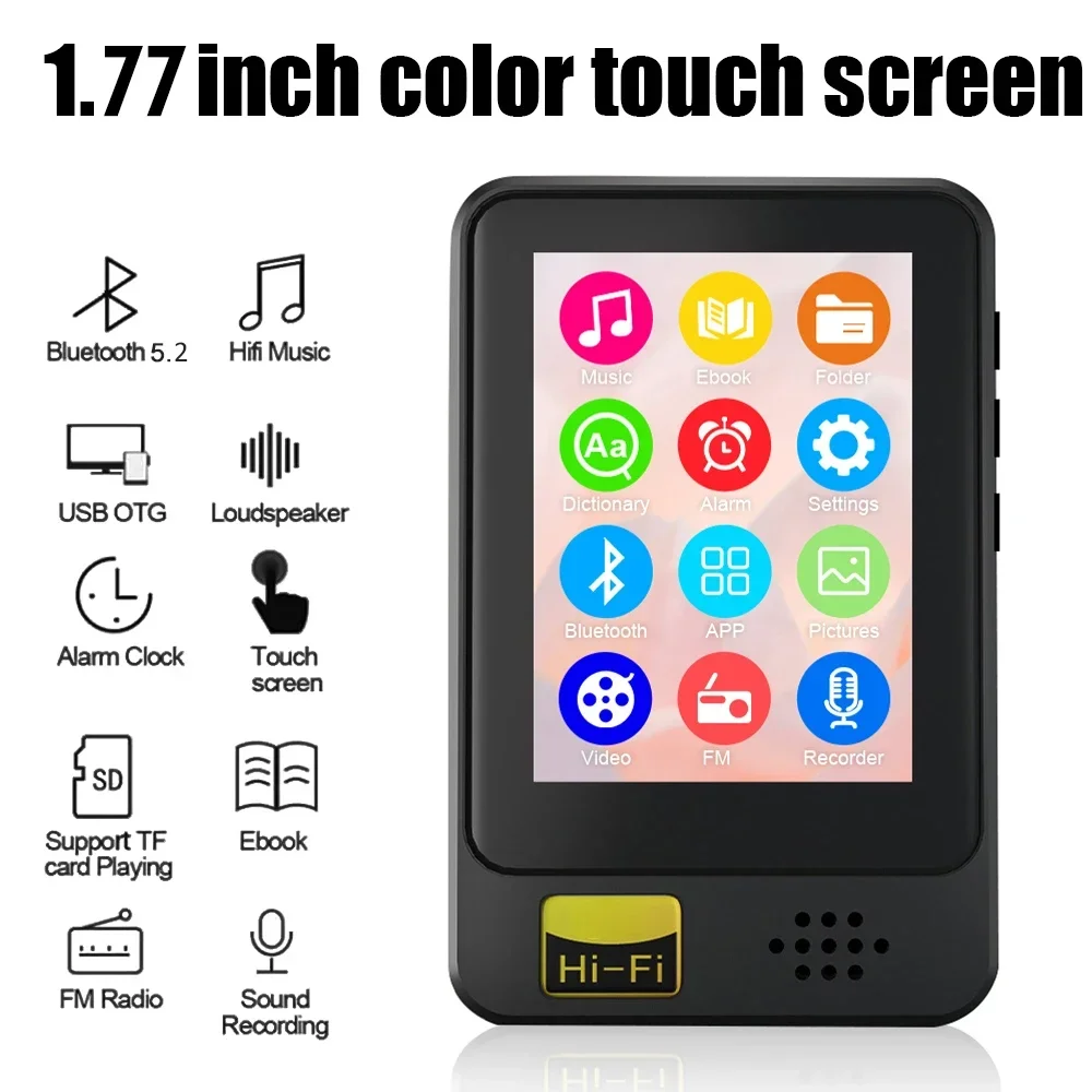 Portable Bluetooth 5.2 MP4 Player Touch Screen Walkman with E-book/FM Radio/recording Function Music Player Built-in Speaker