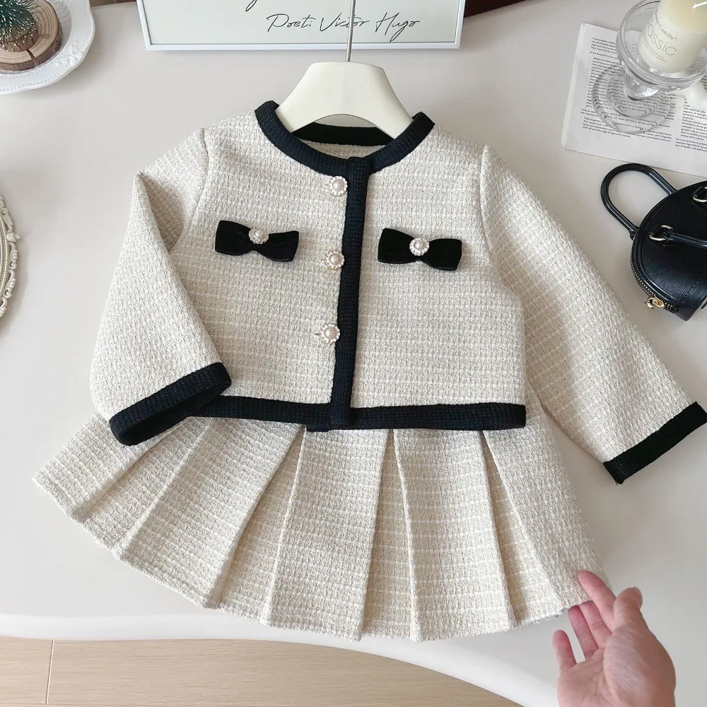 Herbst Neue Koreanische Version Bogen Dekoration Jacke Tops + Falten Rock Zwei-stück Set 2-8 Jahre College stil Mädchen Kleidung