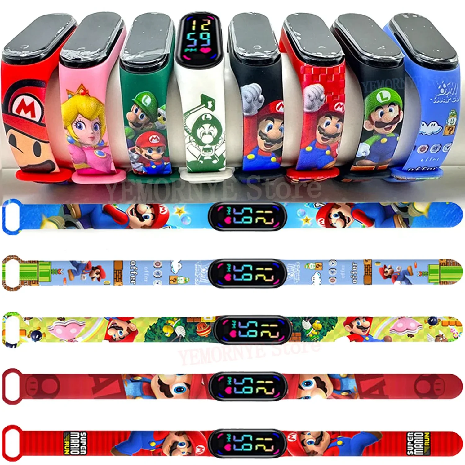 

Mario Bros Children's Watches Action Figures Luigi Princess Peach Yoshi Bowser kids Sport Wristband Waterproof Digital Watch Toy