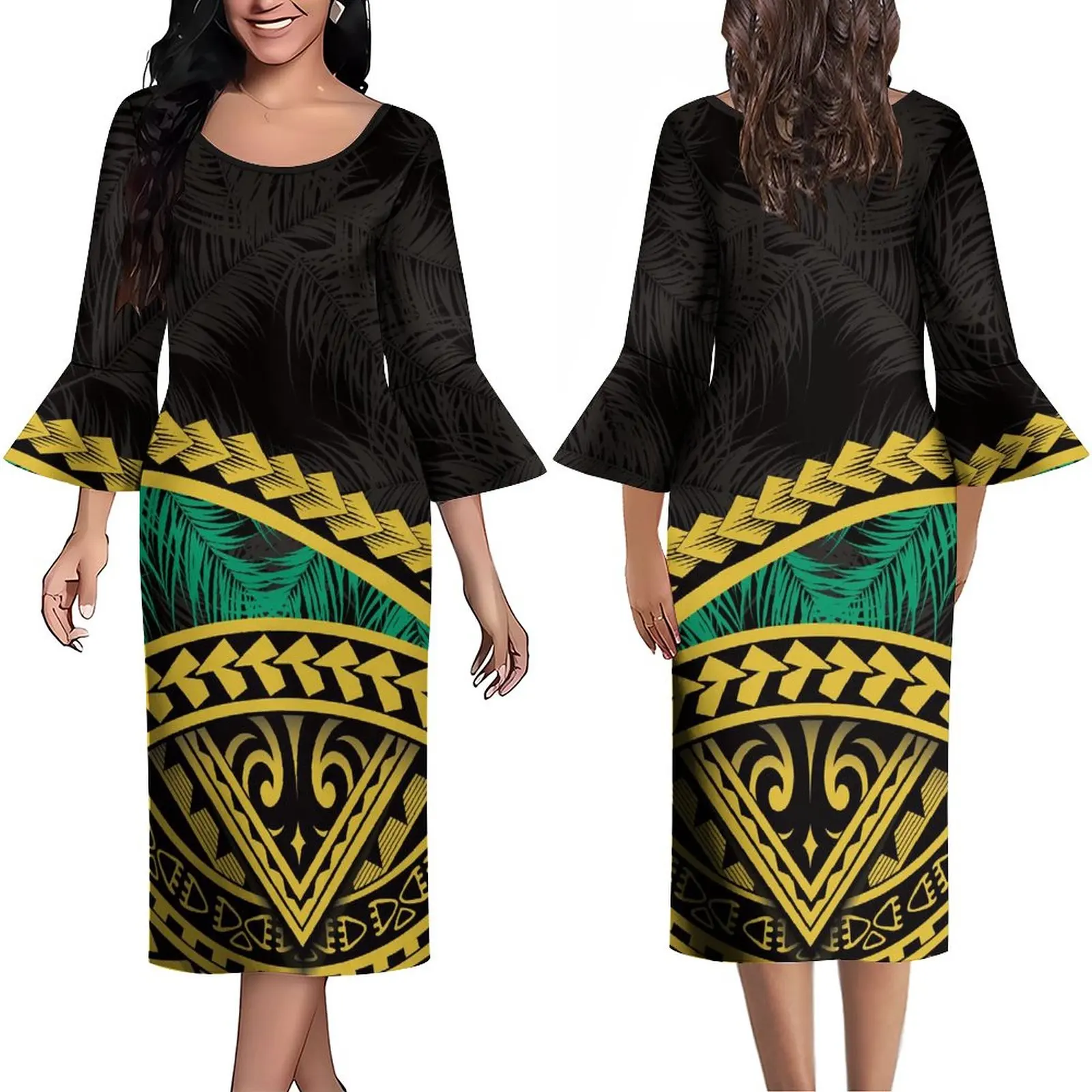 

Полинезийское повседневное темпераментное индивидуальное женское платье с принтом и оборками на манжетах 2023, новый дизайн, длинная юбка, банкетное платье