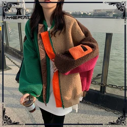 Meral novo inverno feminino lã de cordeiro solto acolchoado casaco jaqueta costura cor correspondência beisebol uniforme jaqueta casual