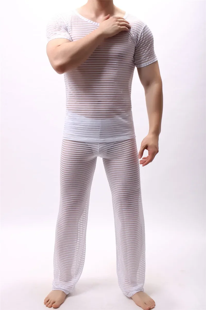 2PCS/Set See Through Loose Casual Long Pants Trousers Mesh Men Undershirts Sexy Men Underwear Slim Tops Pajama Bottoms Costumes