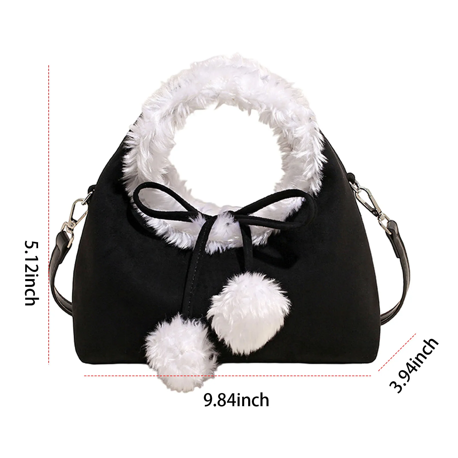 Women Faux Suede Fuzzy Shoulder Bag with Adjustable Strap One Shoulder Armpit Bag Sweet Cute Bow Pom Pom Handbag for Work Travel