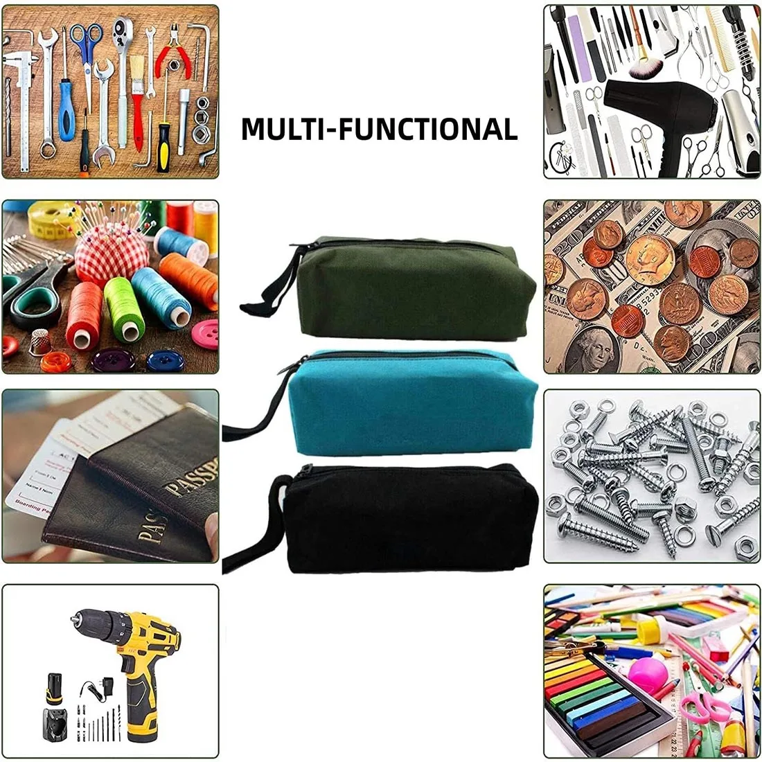 Heavy Duty Canvas Zipper Tool Bag, Small Zipper Tool Pouch, Multi-purpose Hand Tool Pouch Tote Bag, Utility tools Organizer 6