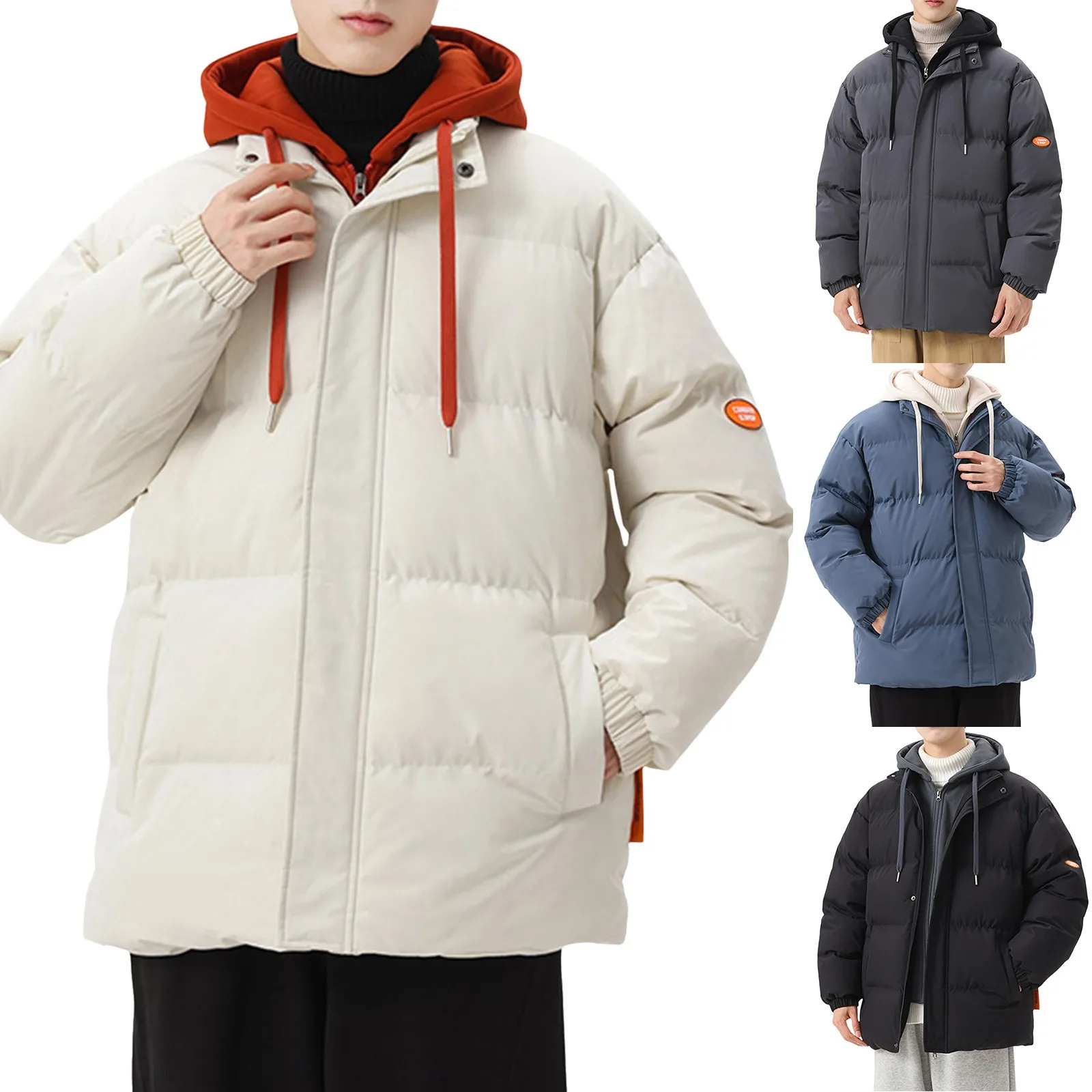 

Male Autumn And Winter Patchwork Two Piece Couple Cotton Jacket Loose Oversized Hooded Cotton Olive Lightweight Jacket Men