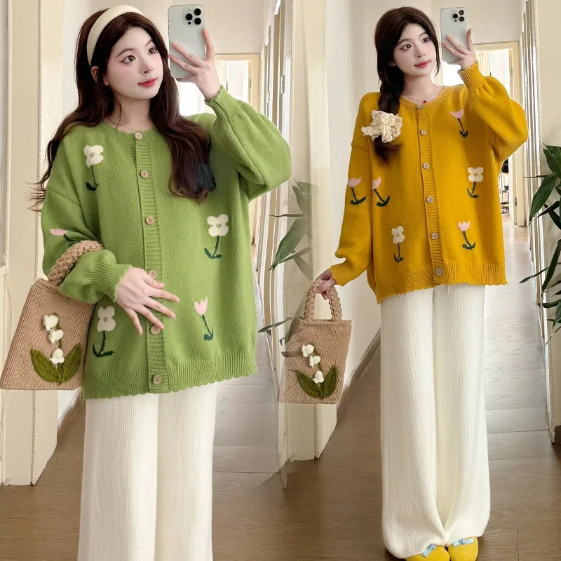 FashionableStylish Floral Age-Reducing Lazy Casual Thickened Sweater Jacket Knitbell Bottoms 2-Piece Set For Pregnant Women