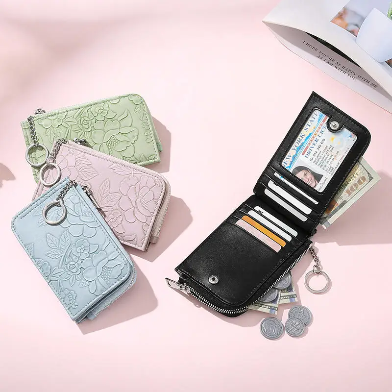 Zip Coin Purse With Key Ring Card Bag Embossed Design Multi Card Slots Large Capacity Wallet For Ladies Fashion Accessories