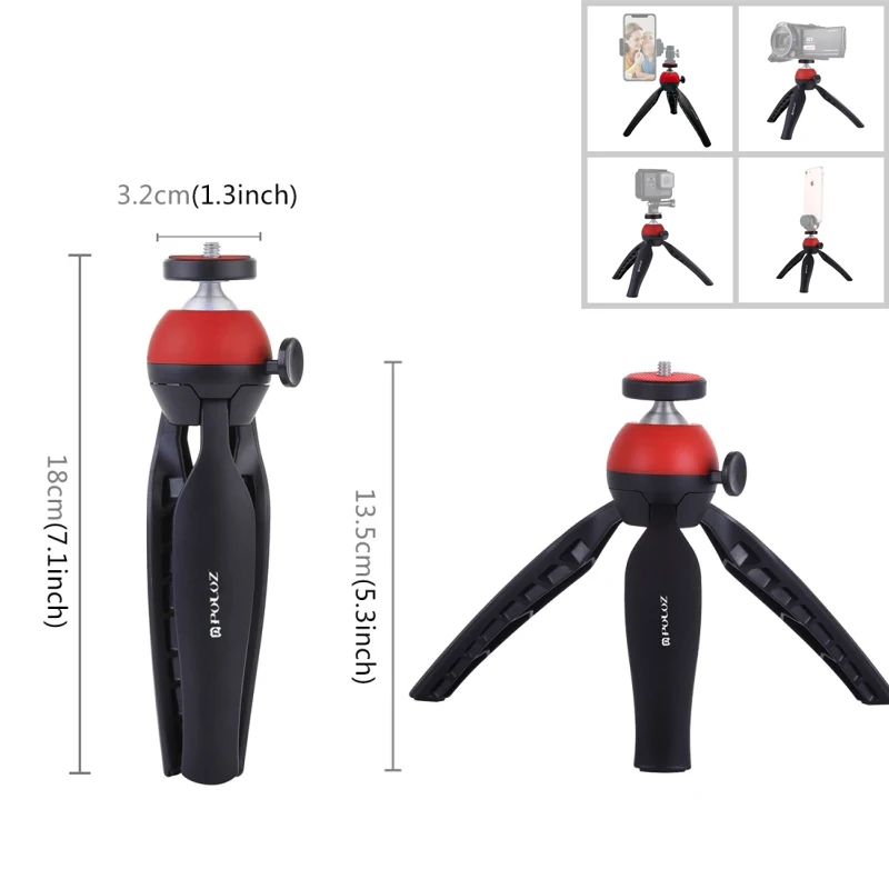 PULUZ Pocket Mini Handle Tripod Mount 300 Degree Ball Head & 1/4 Inch Screw Smartphones GoPro DSLR Camera