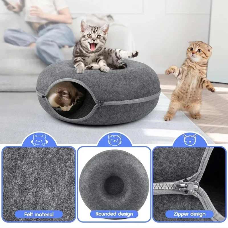 Detachable Washable Pet Nest, Cute Cat Donut Toy Tunnel