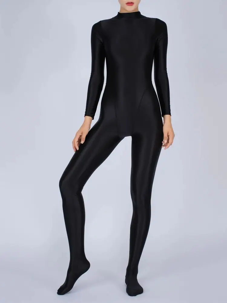 Shiny Stand Collar Back Zipper Catsuit Bodystocking High Cut Patchwork Bodysuit Tights Sexy Leotard Conjoined Jumpsuit Unitard 6