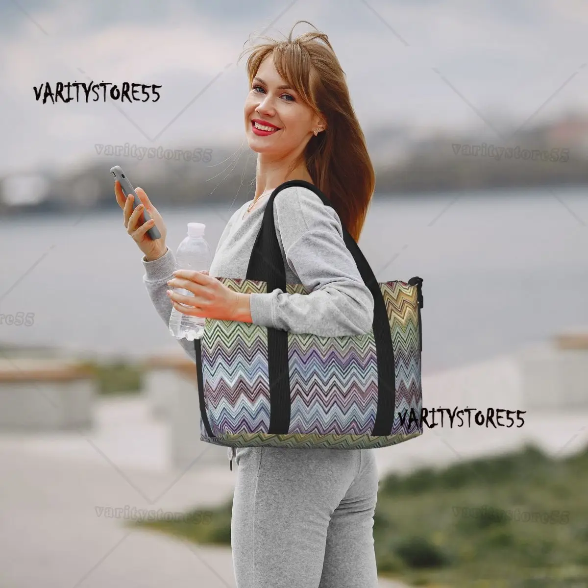 Boho Chic Modern Zigzags Beach Tote Bag for Women Extra Large Gym Carry On Geometric Multicolor Travel Shopping Bags