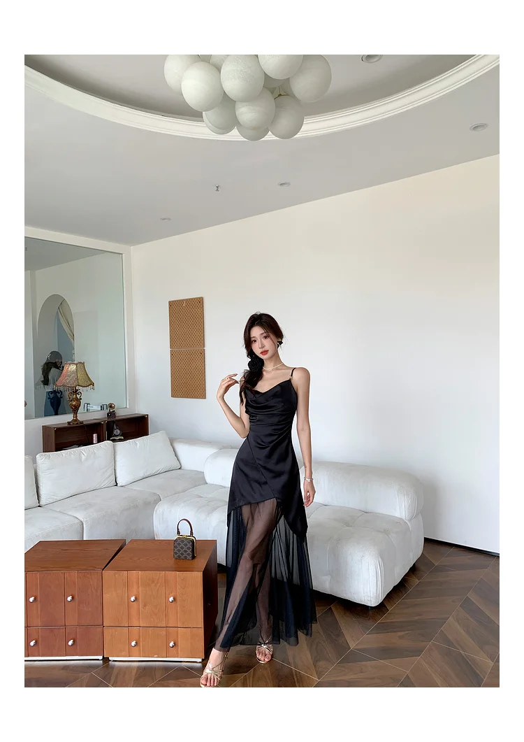 Sexy Black Dresses for Women Summer New Spaghetti Strap Mesh Patchwork Slim Evening Party Dress Prom Robe French Vestidos Mujer