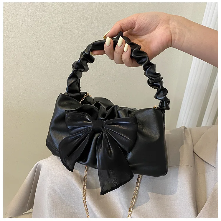 2024 New Ladies Shopping Bag Fashion Cute Bow Decor PU Shoulder Bags for Women Trendy Simple Chain Crossbody Bag Daily Handbags