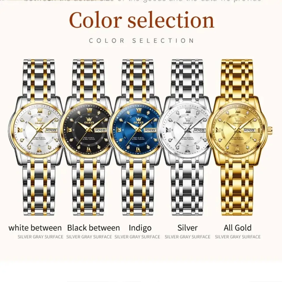 OLEVS Luxury Quartz Watch for Women Stainless Steel Waterproof Luminous Dual Calendar Dial Wristwatches Bracelet Gift Set Reloj