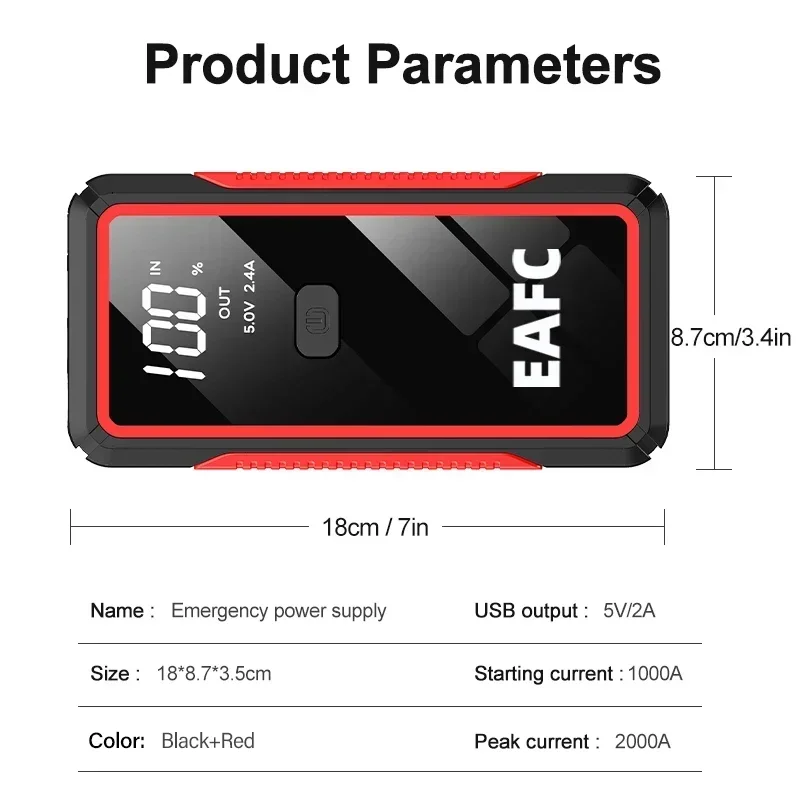 2000A/1200A Jump Starter Power Bank Portable 12V Car Battery Booster Charger for Petrol Diesel-powered 6.0L/4.0L Car