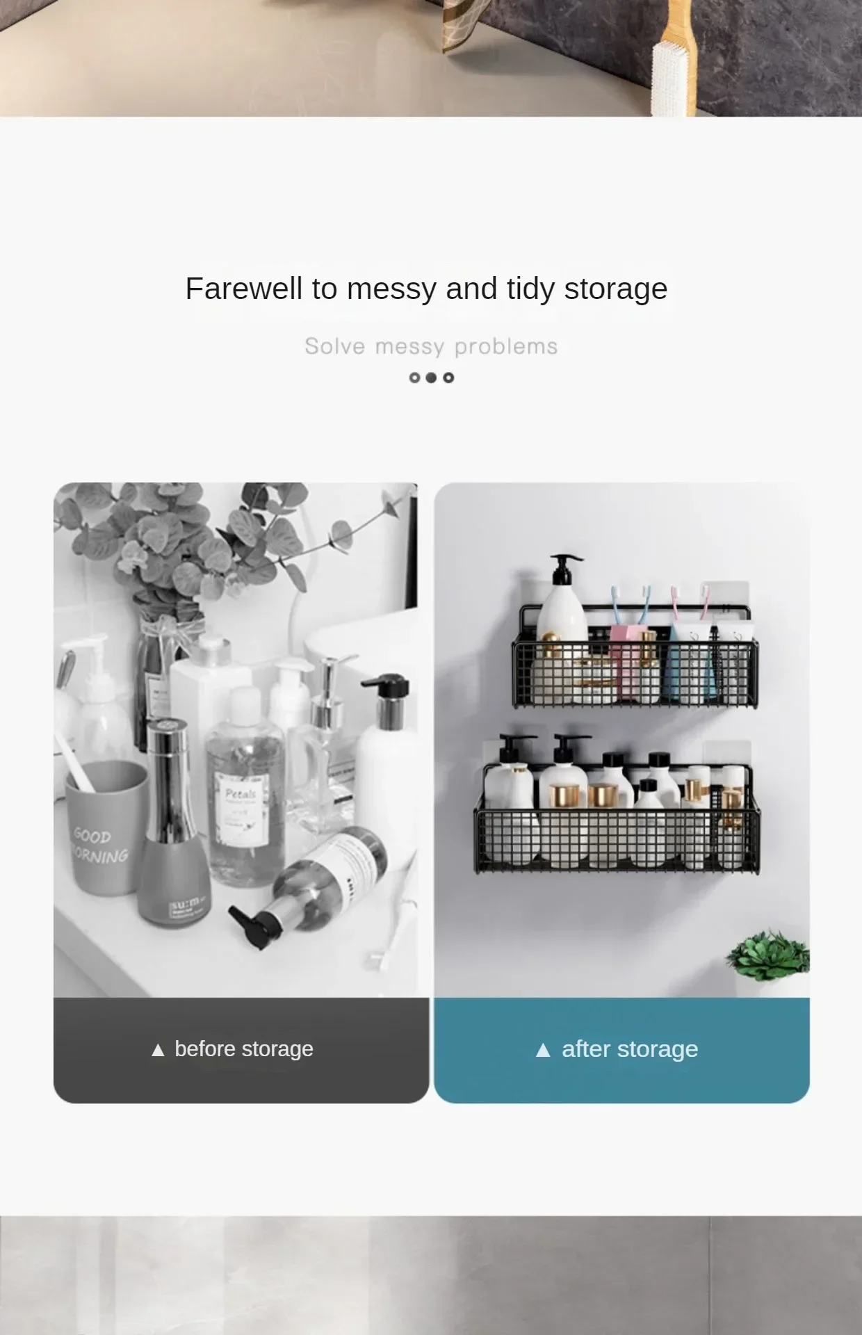 Promotional banner showing easy install no drill bathroom organizer