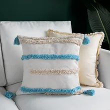 

Soft Chenille Tassel Blue Beige Stripe Embroidered Cushion Cover 45x45cm Nordic Decorative Pillow Covers for Sofa Home Decor