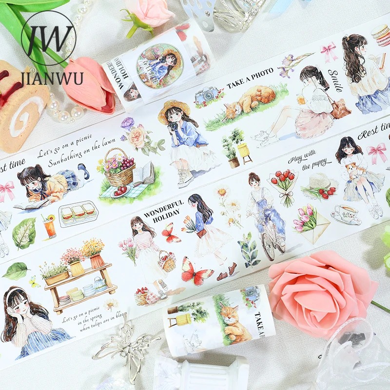 JIANWU 75mm * 200cm 빈티지 소녀 꽃 피크닉 풍경 소재 콜라주 스크랩북킹 와시 테이프 크리 에이 티브 DIY 저널 문구