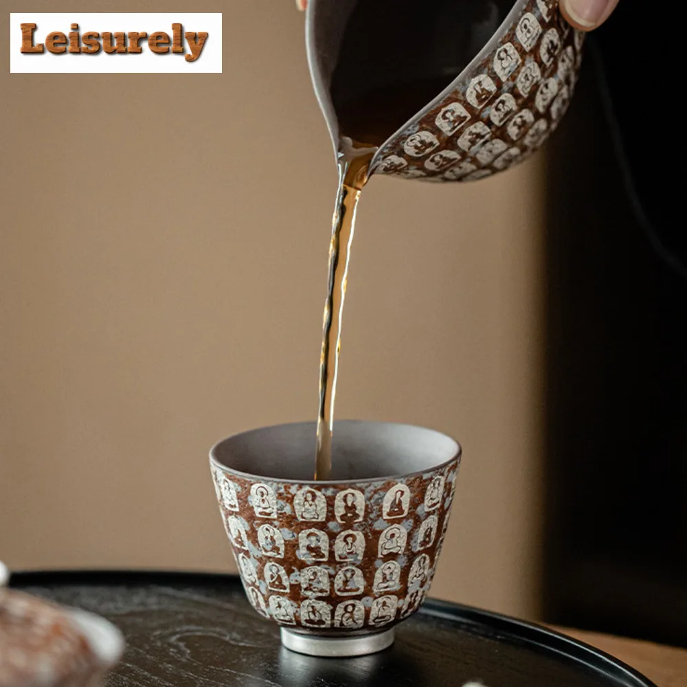 100ML Handmade Gilded Silver Tea Cup Chinese Dunhuang Buddha Master Cup Old Rock Clay Tasting Tea Bowl Chazhan Small Drinkware
