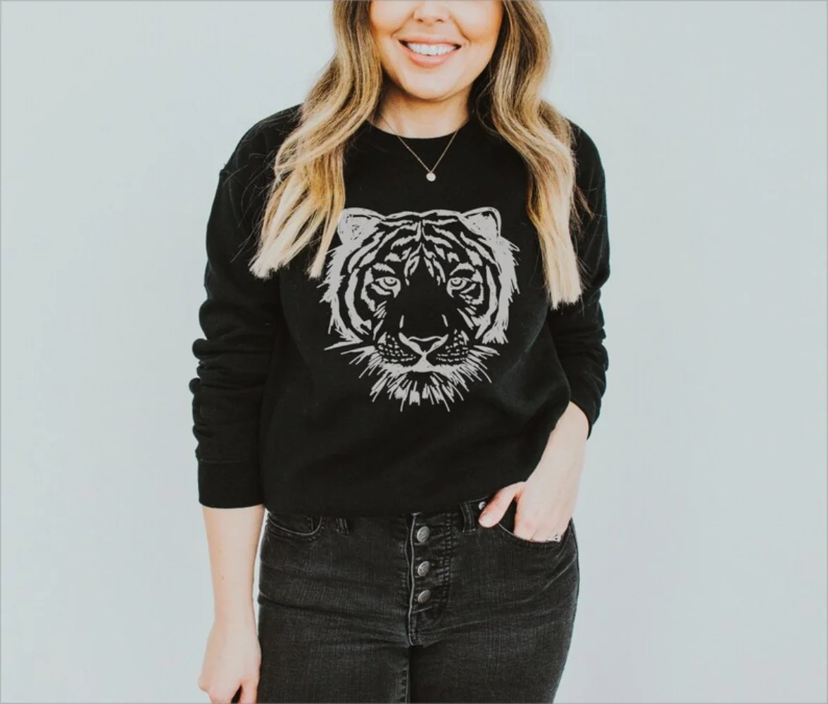 White Tiger Crewneck Sweatshirt Tiger Face Multiple Colors Funny Pullover Women Clothing Winter