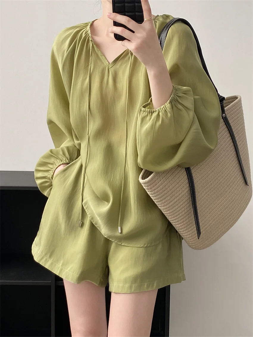 

Alien Kitty Daily Women Normcore Suits Gentle Full Sleeve Chic Loose Blouses Summer OL Lady High Waist Wide Leg Shorts Sets
