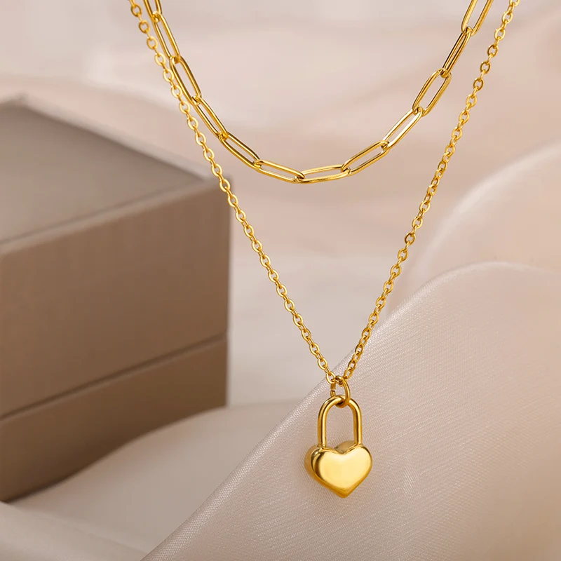 Stainless Steel Heart Necklace Multilayer Chain Gold Plated Pendant
