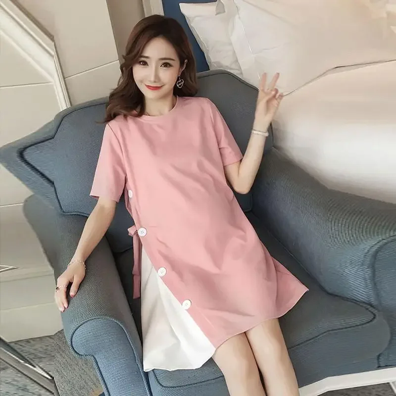 임산부용 세련된 반팔 드레스, 산뜻한 트렌디 2023 출산 티셔츠 스커트, 편안한 출산 의류, 여름