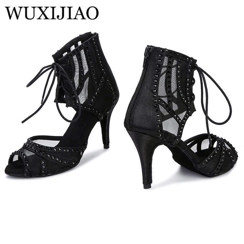 Women's Party Dance Shoes Black Shiny Rhinestone Soft Sole Latin Dance Shoes Black Salsa Shoes Heel 9cm