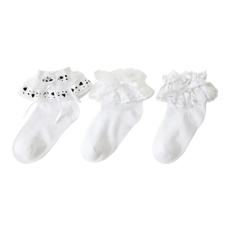 Cute Bow Heart Lace Stitch Frilly Ruffle Solid White Lolita Ankle Socks New Summer Mesh Cotton Mesh Thin Clothes for Baby Girls