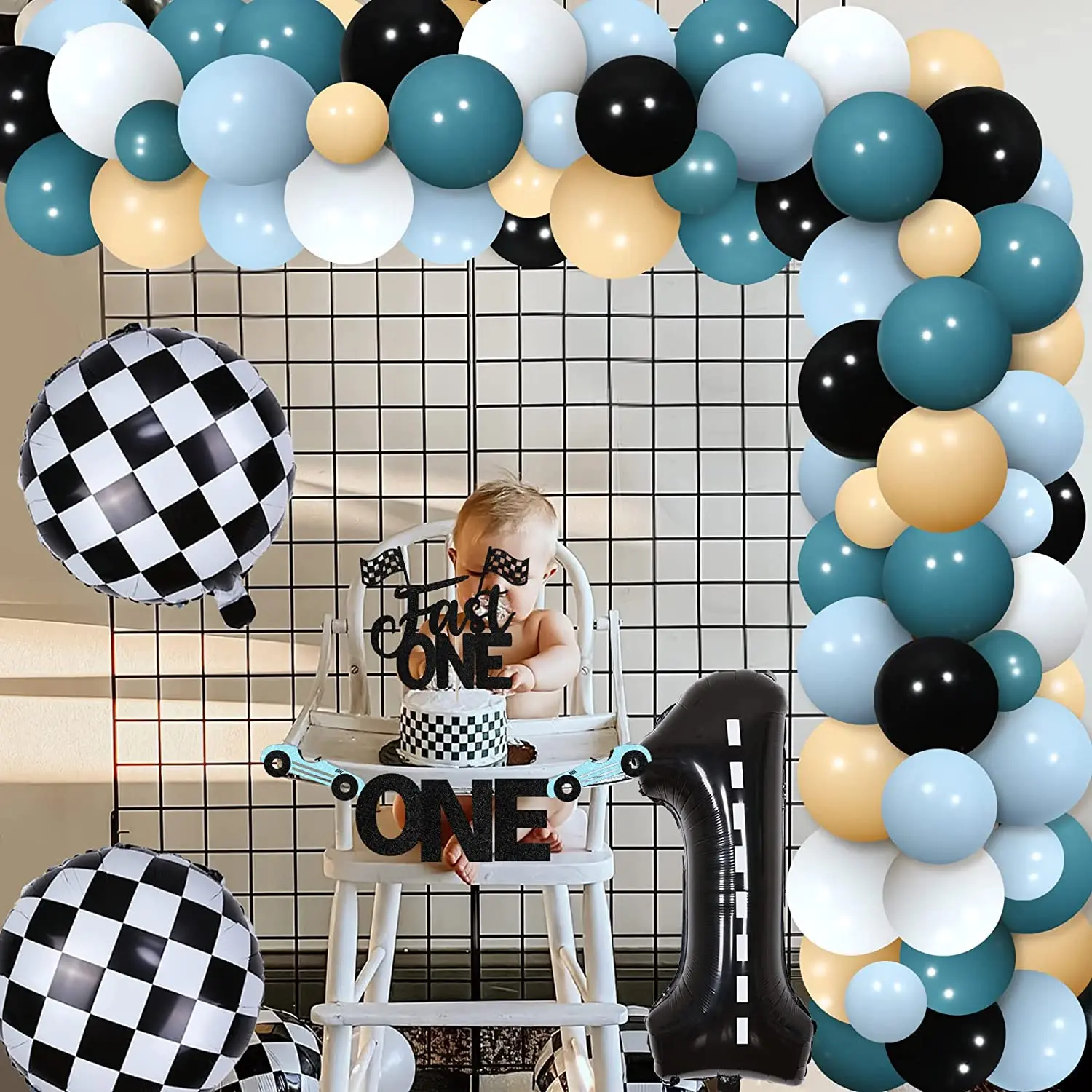 Race Car First Birthday Party Decorations, Fast One Cake Topper & Balloon  Garland Kit, Racing Theme 1st Birthday Photo, Highchair Banner with  Checkered Flag Bunting, Car Wheel Foil Balloons 