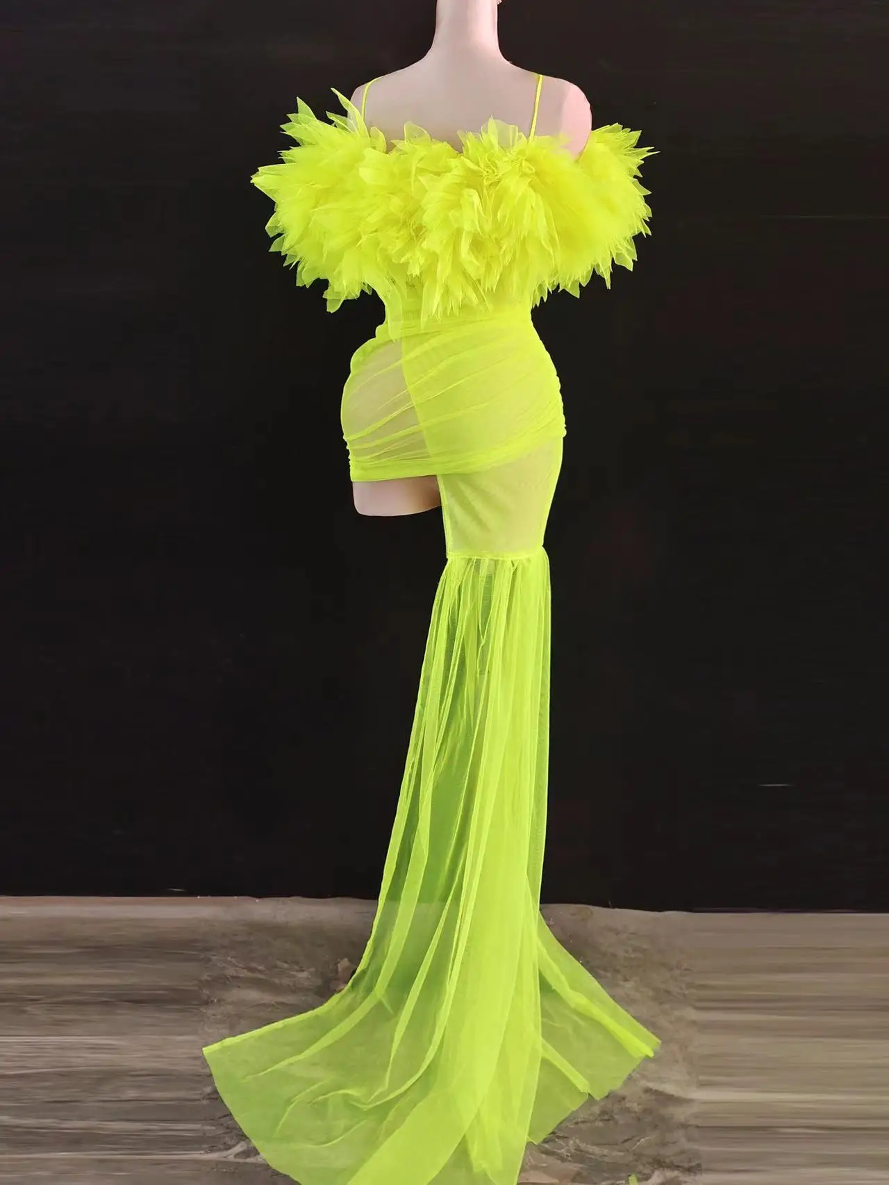 Fluorescent Green Off Shoulder Transparent Trailing Dress Women Singer Concert Catwalk Party Dress Nightclub Show Stage Costume