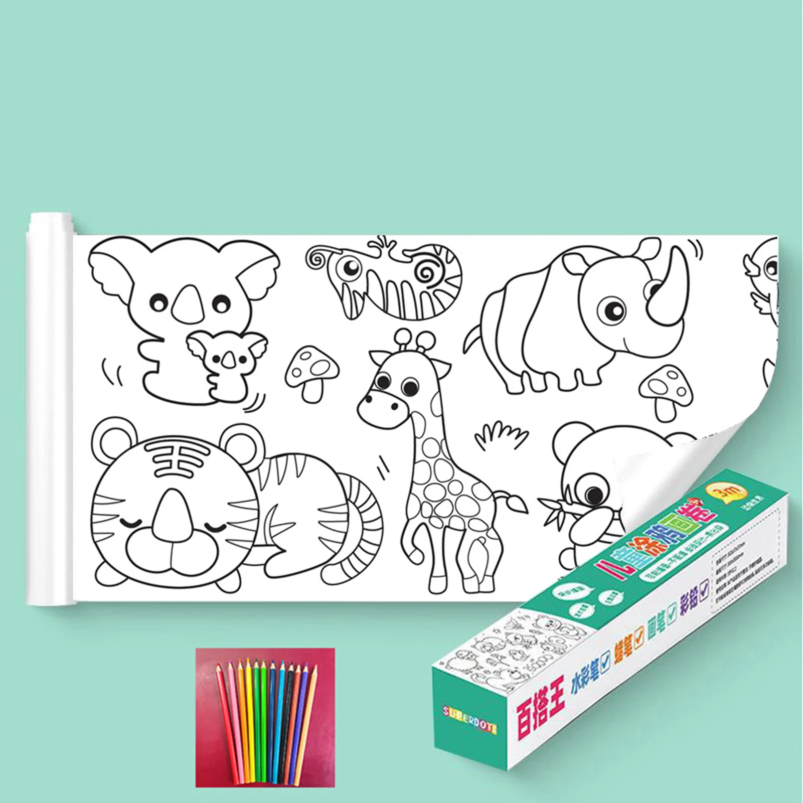 낙서 스크롤 색칠 드로잉 스티커, 어린이 DIY 드로잉 롤 캔버스, 조기 교육용, 12 개 컬러 연필, 30x300cm