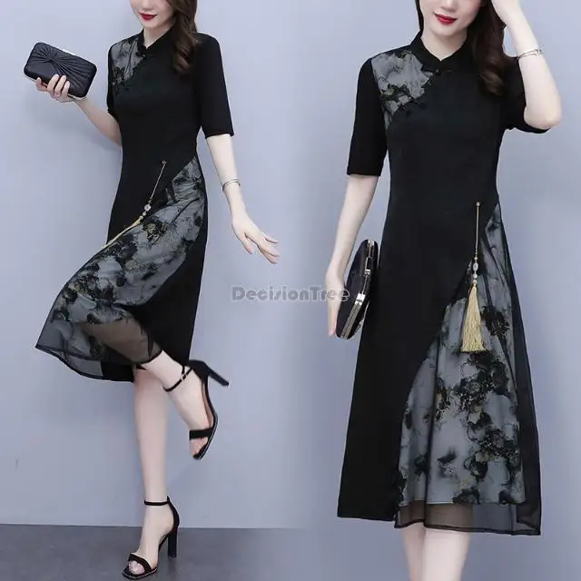 

2023 chinese ink printing patchwork improved cheongsam dress summer fashion elegant style women short sleeve qipao dress s469