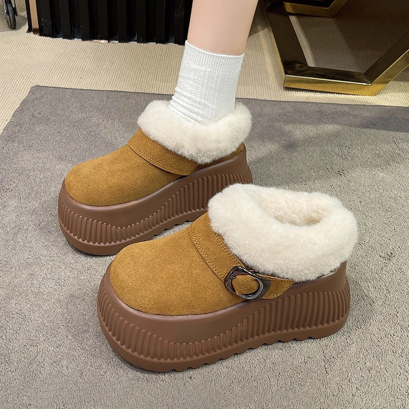 Aphixta Cow Suede Upper Ankle Boots Platform Furry Snow Boots Warm Buckle Dec Women Shoes 9cm High Chunky Casual Shoes