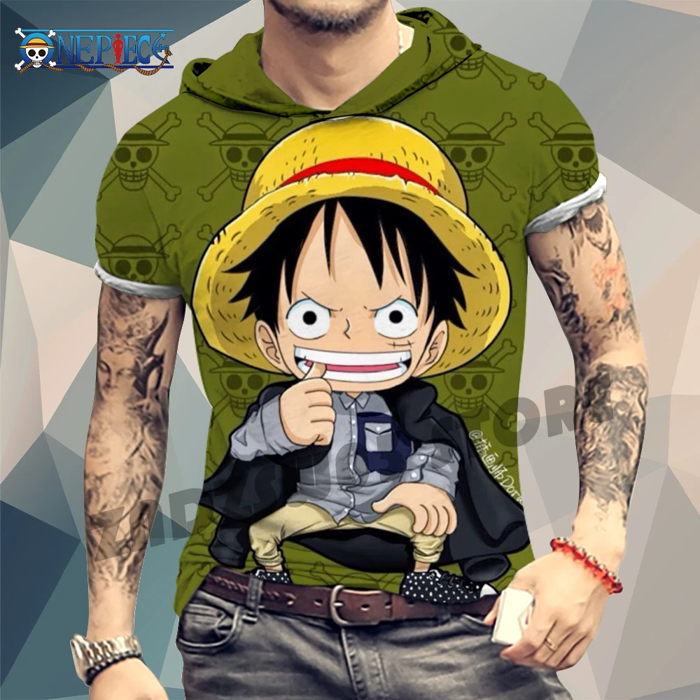 

Мужская Слитная футболка с капюшоном, новая одежда, модная футболка с коротким рукавом с принтом обезьяны д Луффи в стиле Харадзюку, Мужская футболка