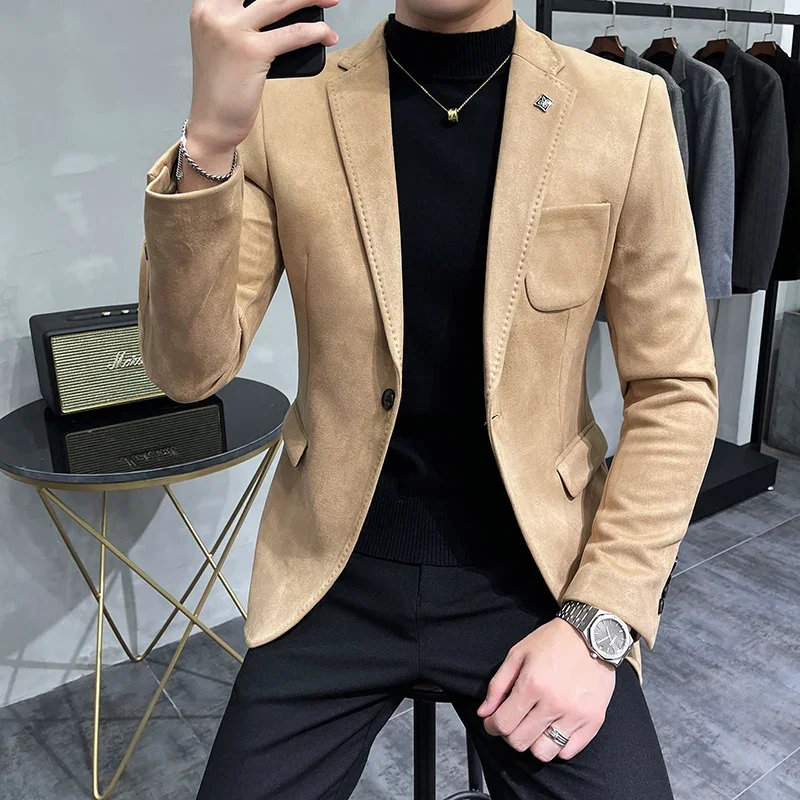 Men Suits Jackets Autumn Suede Velvet Suit Jacket 6 Color Business Slim Fit Blazers Casual Prom Party Clothing