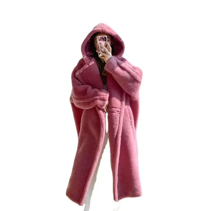 2023 Winter New Women's Thickened Warm Teddy Bear White Hooded Coat Female Mid Length Long Sleeve Faux Fur Fur Winter Outerwear