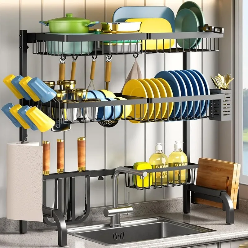 Over The Sink Dish Drying Rack, 3 Tier Adjustable (33.8 to 41.5 inch) Large  Capacity Kitchen Counter Dish Drying Rack with Fruit - AliExpress