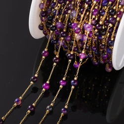 1 Meter Elegant Round Stone Bead Stainless Steel Chain for Crafting & Jewelry Making (Purple)