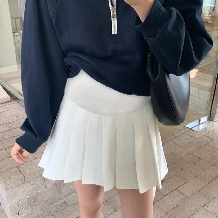 Maternity Pleated Skirt Spring Autumn Solid Colour Mini Skirt Maternity Nursing With Lining