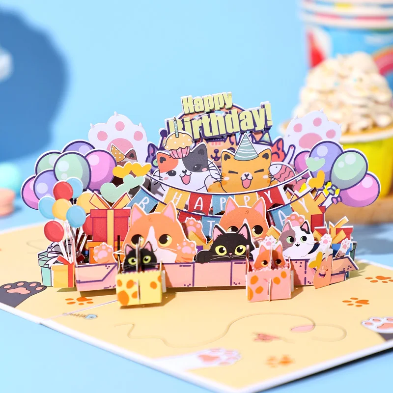 Happy Birthday Card Birthday Cat 3D Pop Up Card Greeting Best Gift for Family Husband Wife Couple Friends greeting cards