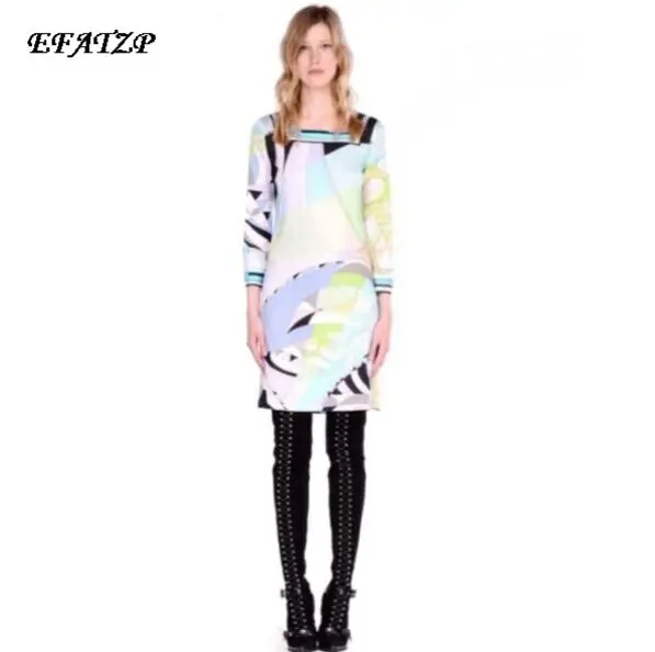 

EFATZP New Designer Luxury Brands Dress Women's Multicolour Geometric Print 3/4 Sleeve Stretch Jersey Silk Dress