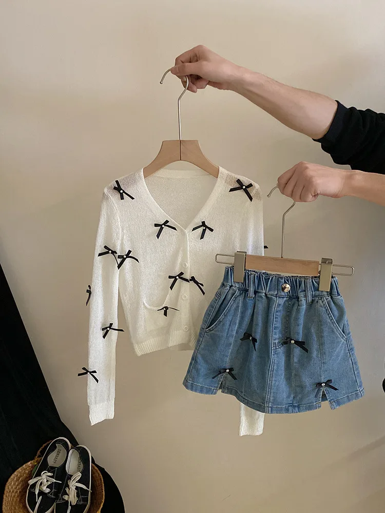 

Thin Bow Knitted Cardigan2024Summer New Sweet Bow Split Denim Skirt Two-Piece Suit Fashion