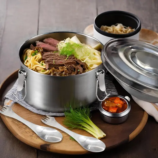 Boîte à déjeuner ronde pour micro-ondes avec couvercle, boîtes à Bento portables en acier inoxydable, conteneur de stockage des aliments anti-fuite, bol, conteneurs de pique-nique 3