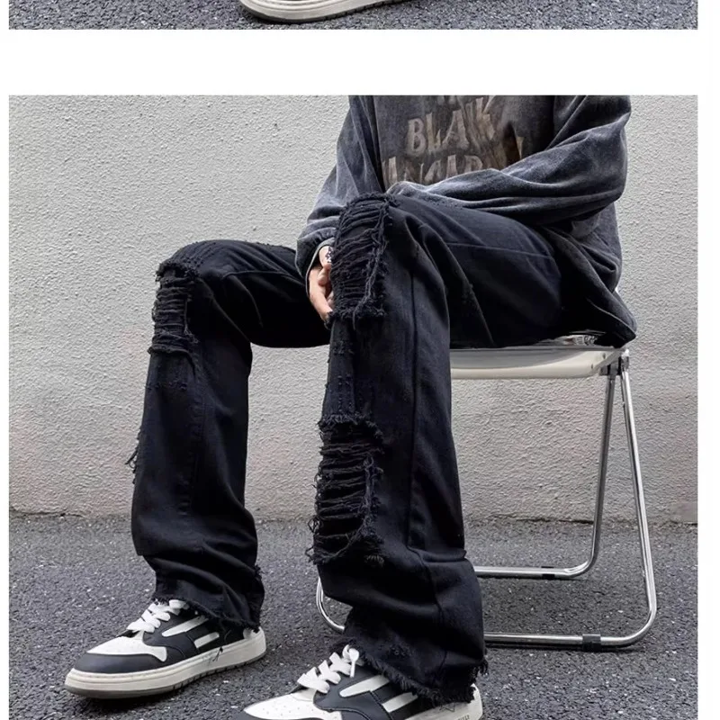 

Europe And The United States Pants Street High American Fake Ripped Jeans Men's Summer Wear Slightly Flared