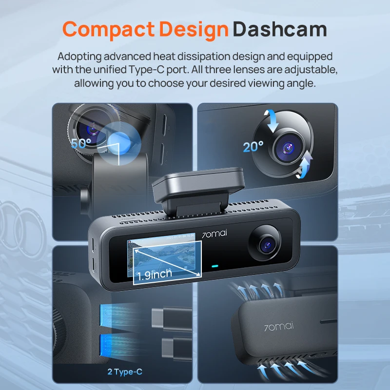 70mai 4K Dash Camera T800E 3-Channel Front Rear Interior Voice