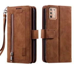 Elegant Zipper Wallet Case with Card Slots, Flip Folio, and Wrist Strap - Carnival Collection for Moto G9 Plus (Brown)