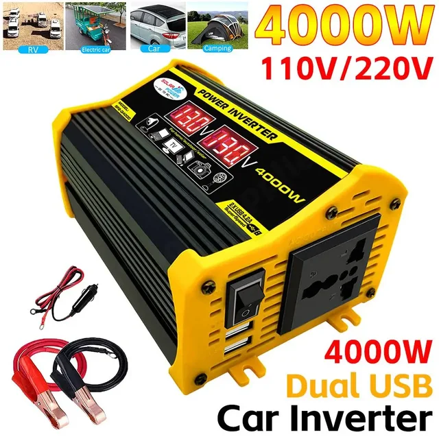 อินเวอร์เตอร์ไฟฟ้าในรถยนต์4000W DC 12V ไปยัง AC 220V 110V 50Hz หม้อแปลงแรงดันไฟฟ้าคู่2 USB จอแสดงผลดิจิตอลแรงดันไฟฟ้าอุปกรณ์ตกแต่งรถยนต์ 1