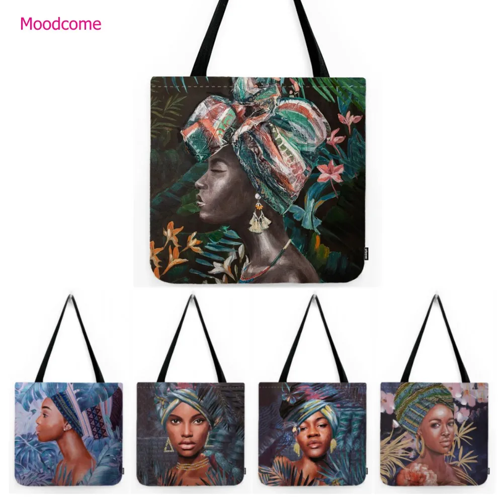 

Модная АФРИКАНСКАЯ ДЕВУШКА Тропическое растение фон Африканская женщина портрет современное искусство моющаяся складная сумка-шоппер сумка через плечо