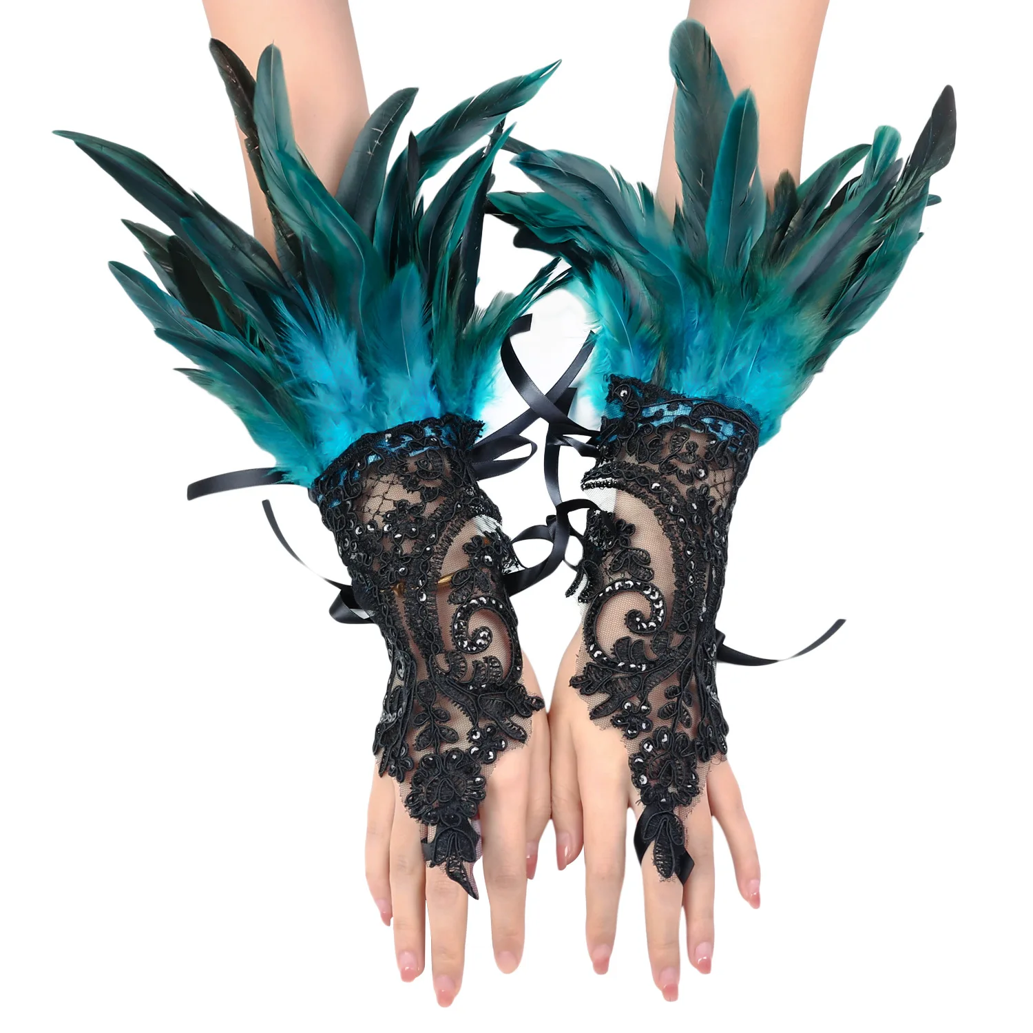 1PC Sexy Lace Feather Long Gloves Gothic Mesh Sleeve Halloween Party Wedding Stage Dance Performance Emo Scene Fingerless Gloves fingerless gloves lace gloves half finger gloves fishnet gloves